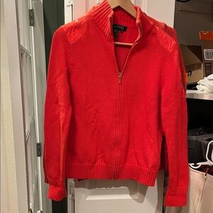 Ralph Lauren Vibrant Orange Red Knit Jacket size M zip up gold hardware